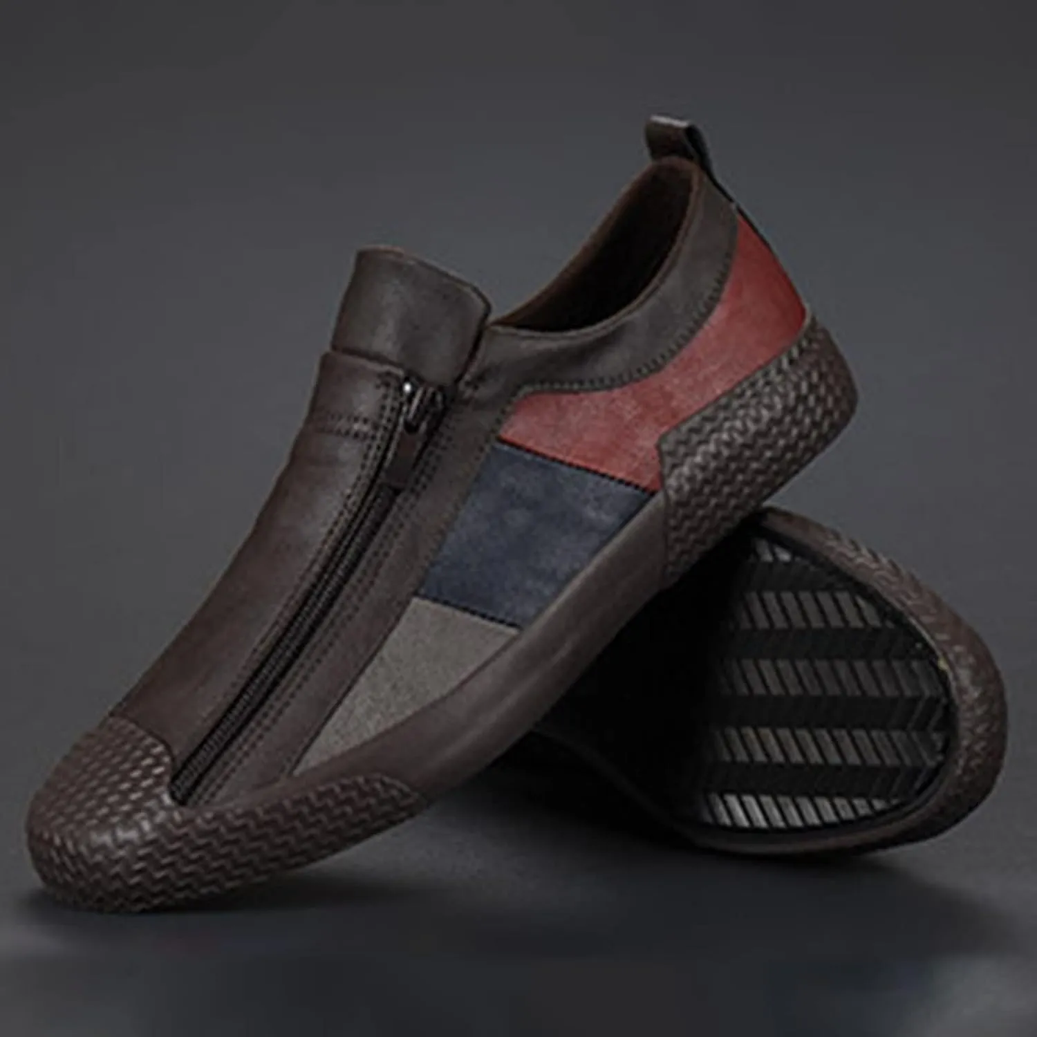 AngryMonkey Men's Low-top Colorblock Sneakers,Fashion Comfort Slip On Double Zipper Anti-Slip Flat Casual Leather Walking Loafers
