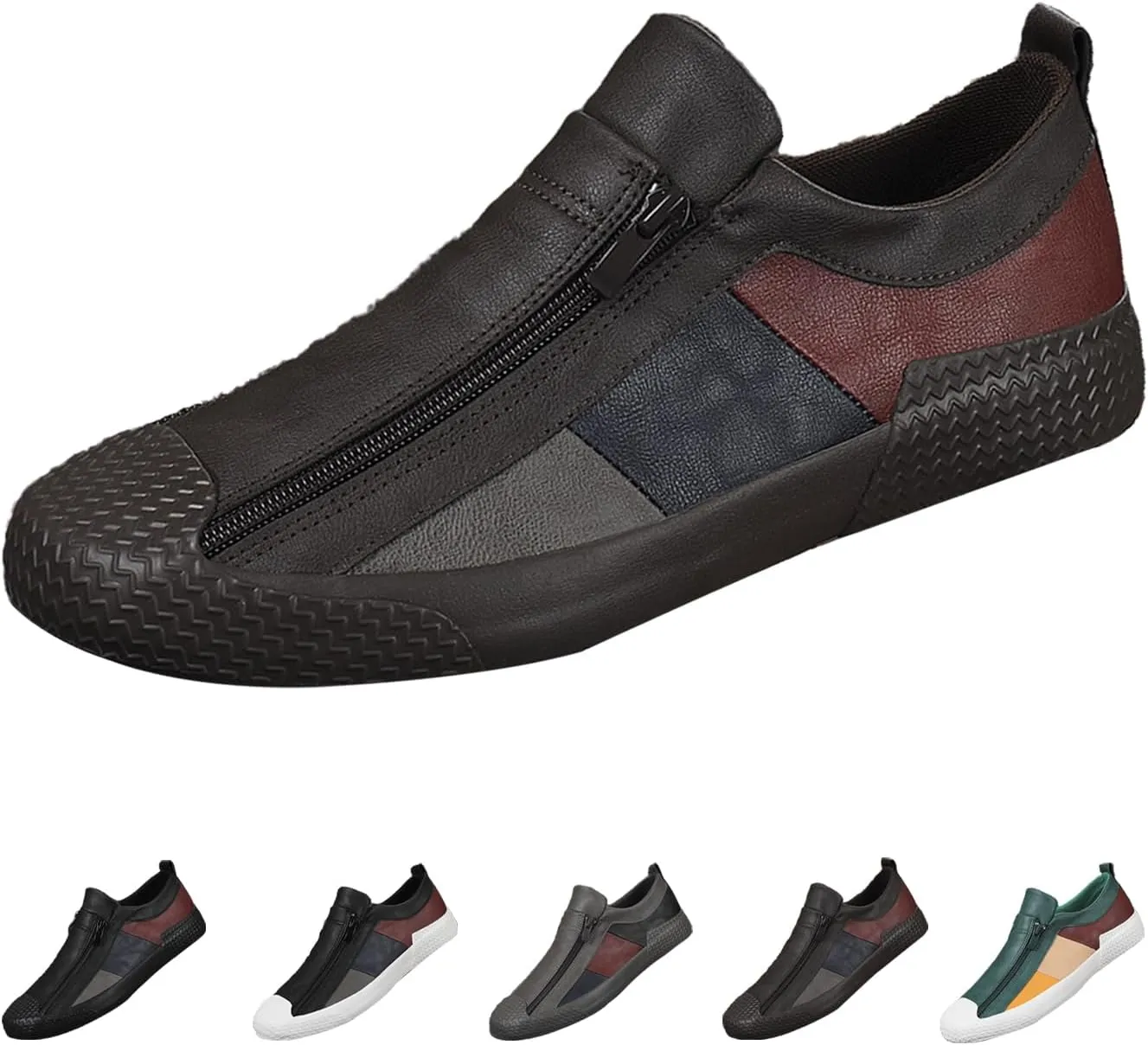 AngryMonkey Men's Low-top Colorblock Sneakers,Fashion Comfort Slip On Double Zipper Anti-Slip Flat Casual Leather Walking Loafers