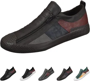 AngryMonkey Men's Low-top Colorblock Sneakers,Fashion Comfort Slip On Double Zipper Anti-Slip Flat Casual Leather Walking Loafers