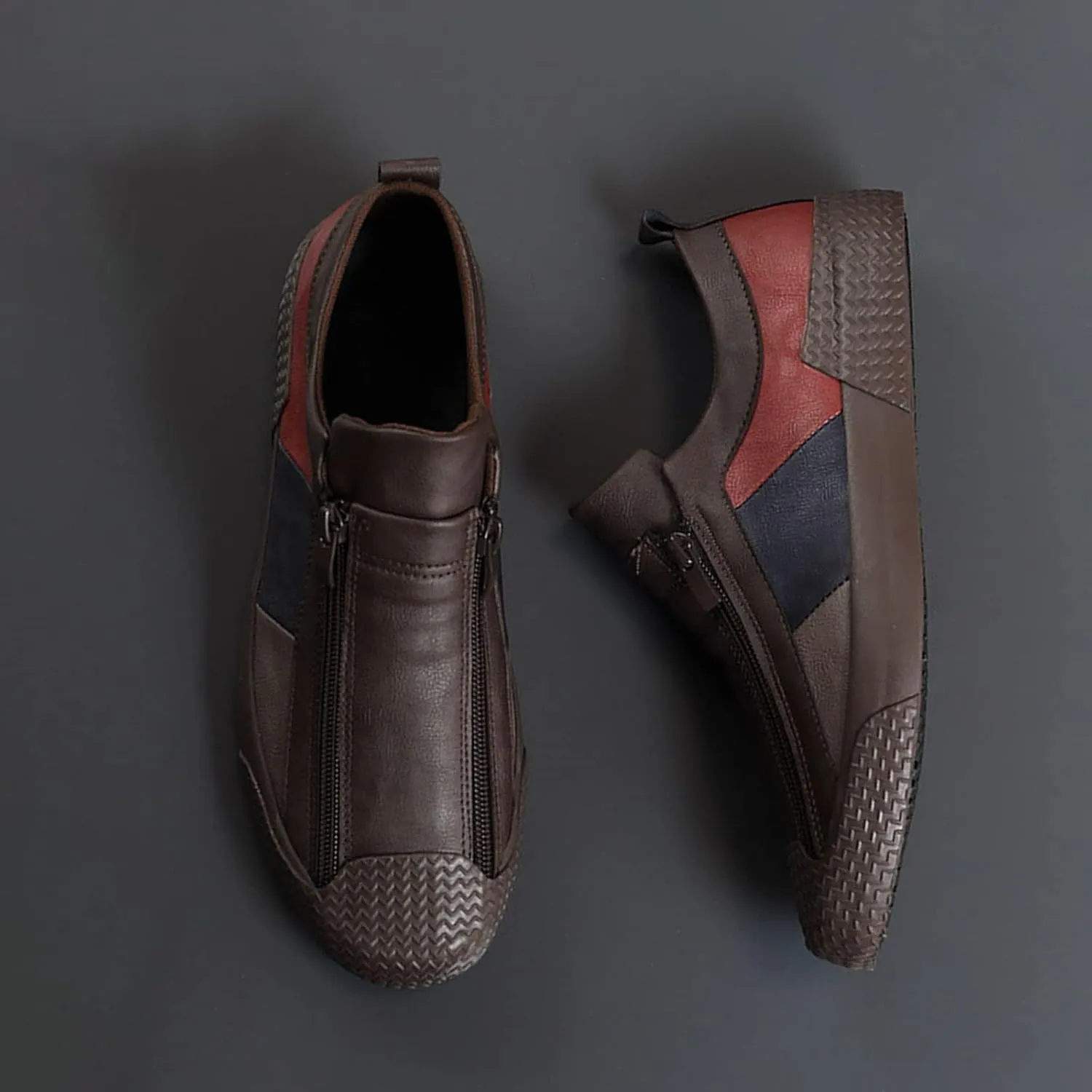 AngryMonkey Men's Low-top Colorblock Sneakers,Fashion Comfort Slip On Double Zipper Anti-Slip Flat Casual Leather Walking Loafers