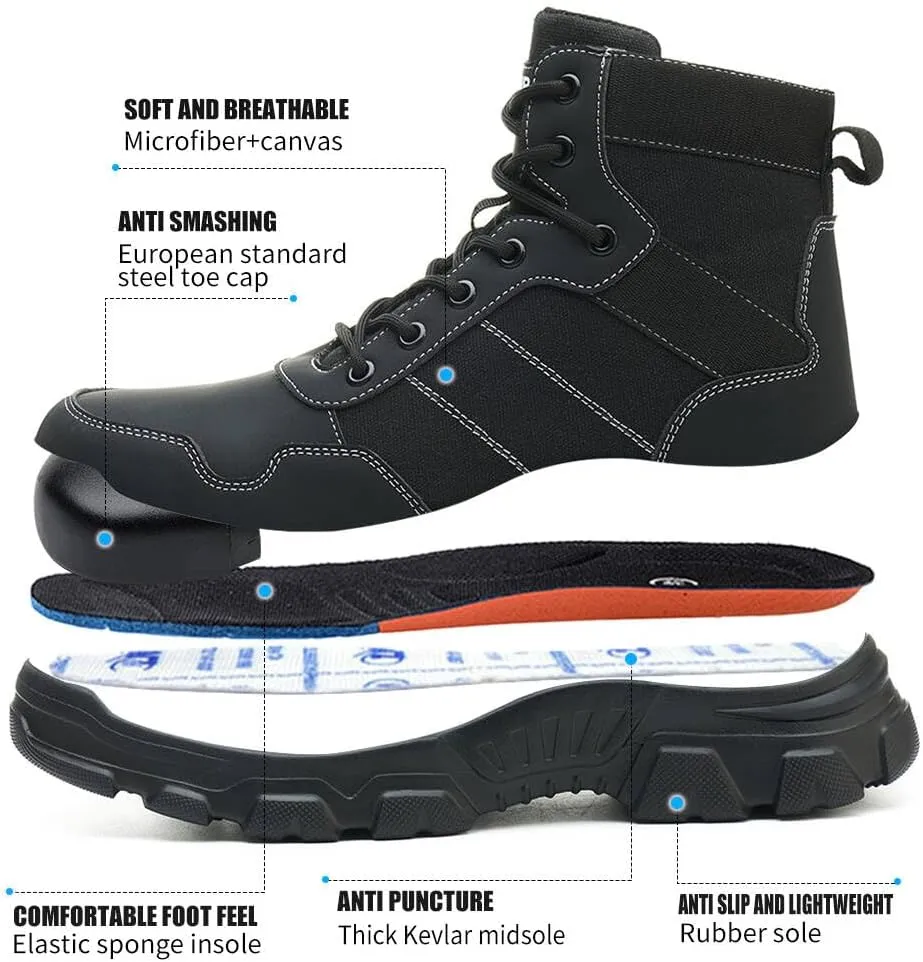 Asiman Steel Toe Boots for Men Women Indestructible Safety Work Shoes Breathable Lightweight High Top Steel Toe Safety Shoes Slip Resistant Construction Work Boots