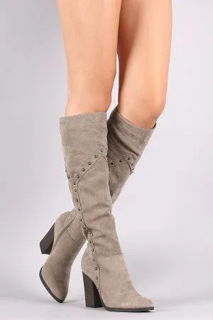 Bamboo Studded Chunky Heeled Knee High Boots