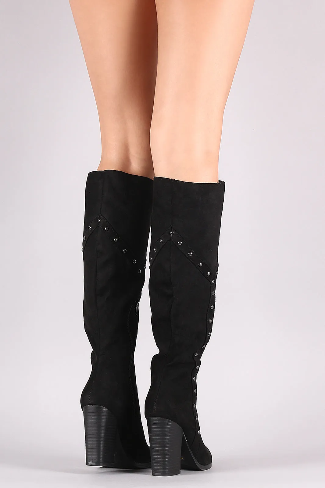 Bamboo Studded Chunky Heeled Knee High Boots