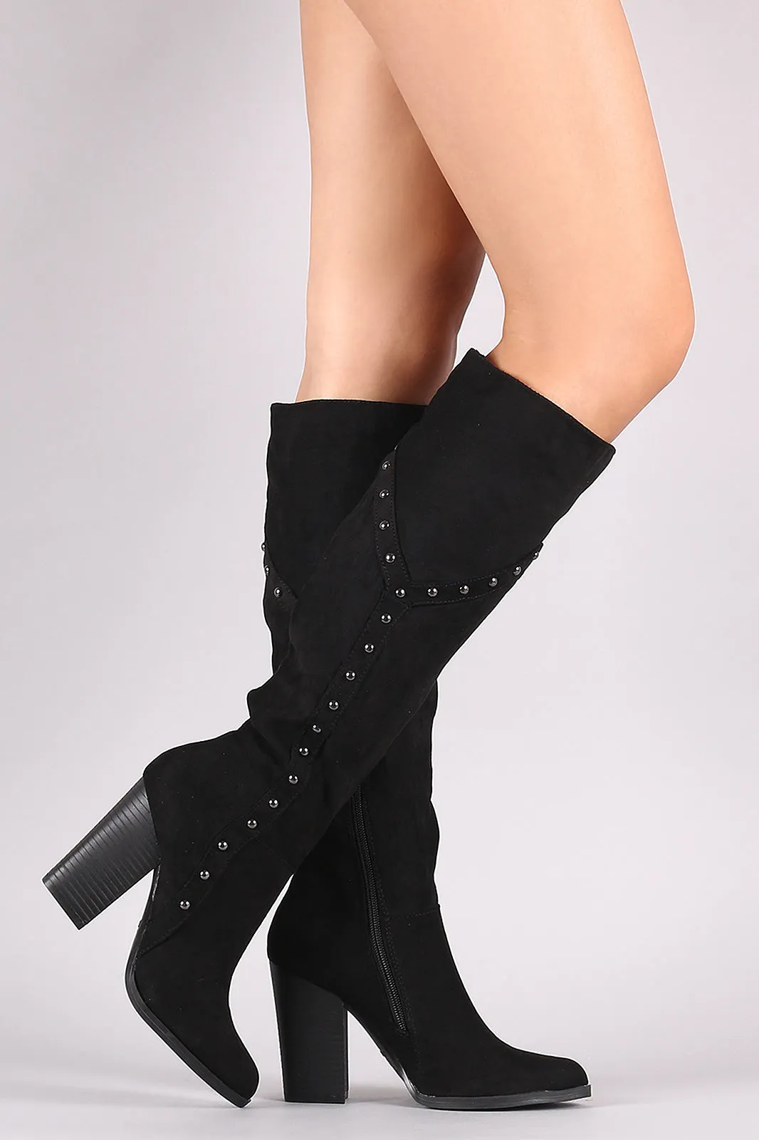 Bamboo Studded Chunky Heeled Knee High Boots