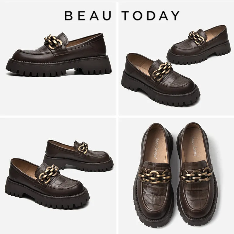 BEAU TODAY Metal Hardware Platform Loafers for Women