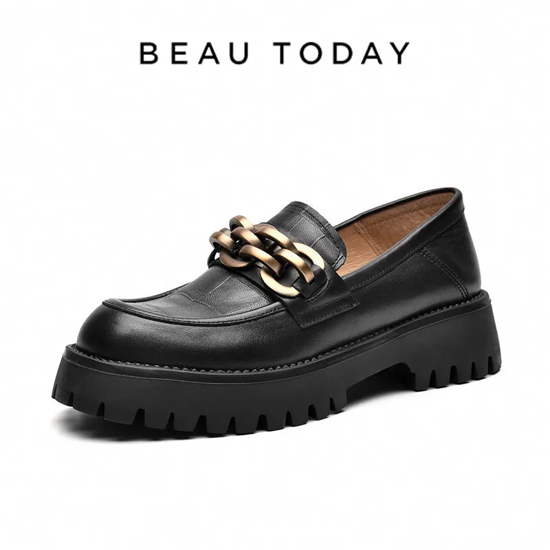 BEAU TODAY Metal Hardware Platform Loafers for Women