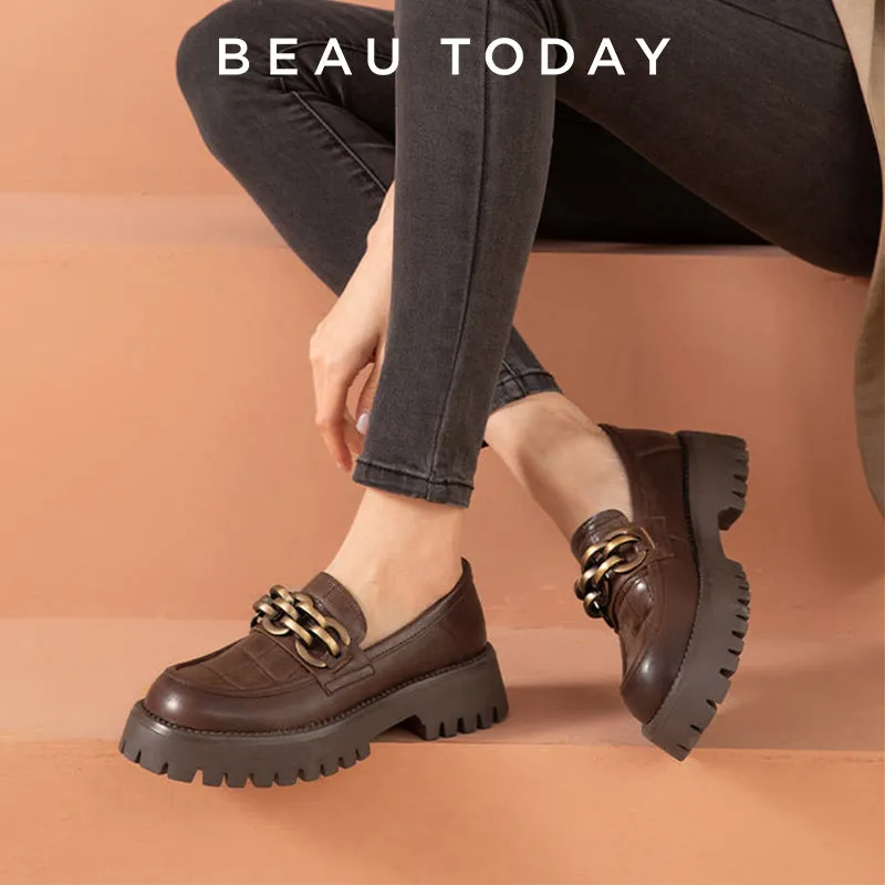 BEAU TODAY Metal Hardware Platform Loafers for Women