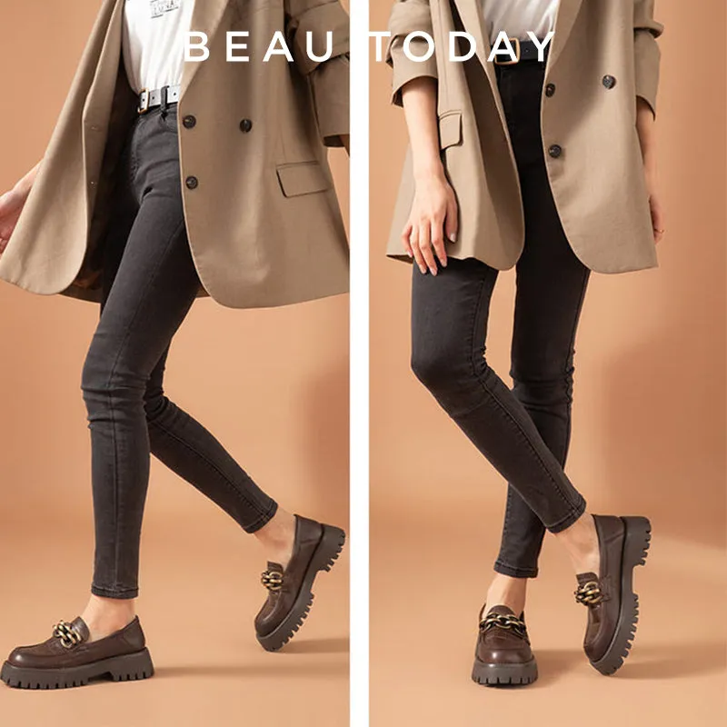 BEAU TODAY Metal Hardware Platform Loafers for Women
