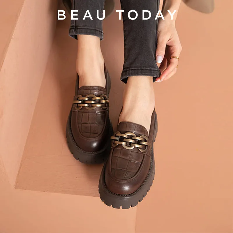 BEAU TODAY Metal Hardware Platform Loafers for Women