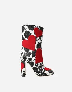 Boots With Floral Print And Heart Patches