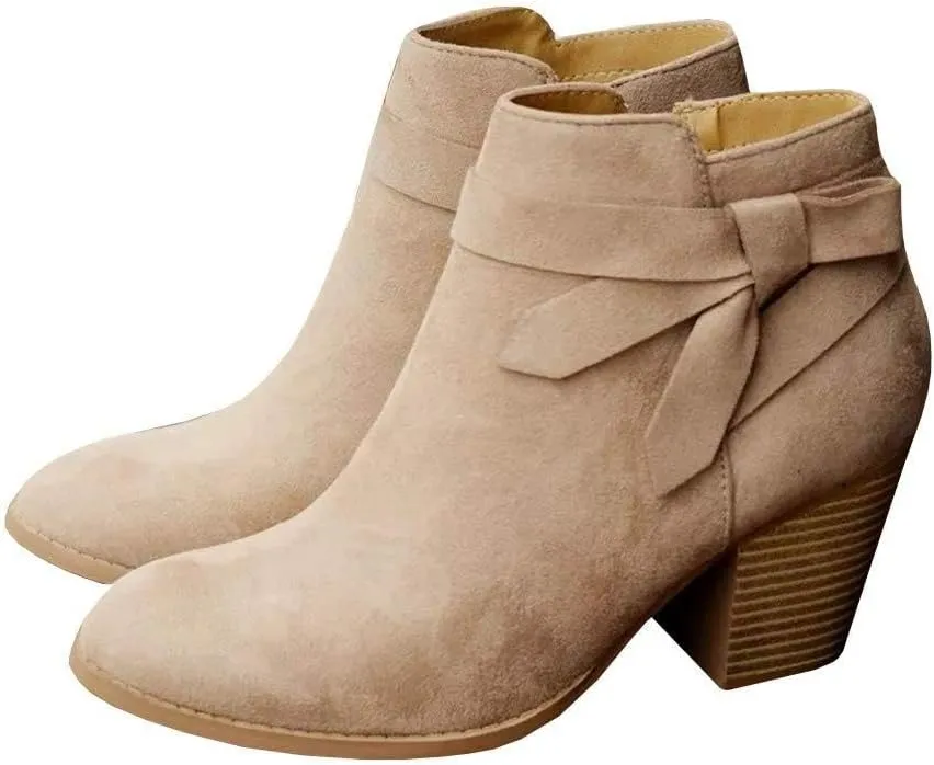 Carcuume Ankle Boots for Women,Ankle Tie Knot,Side Zipper,Round Toe,Chunky Heels,Boots for Women