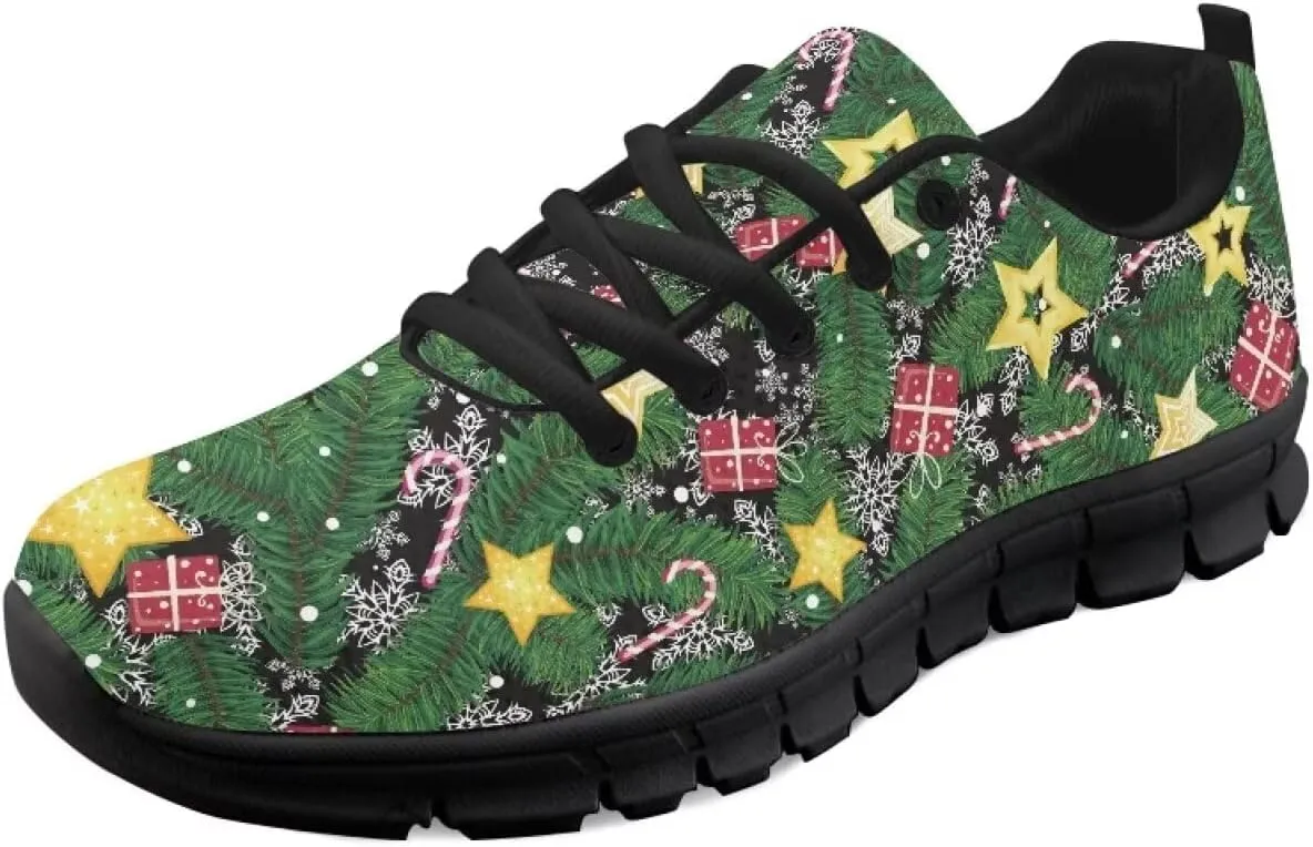 Christmas Sneakers for Women Cozy Lace Up Low-Top Anti-Slip Sport Workout Running Sneakers for Ladies Flat Outdoor Hiking Shoes for Teen Girls US 5-12