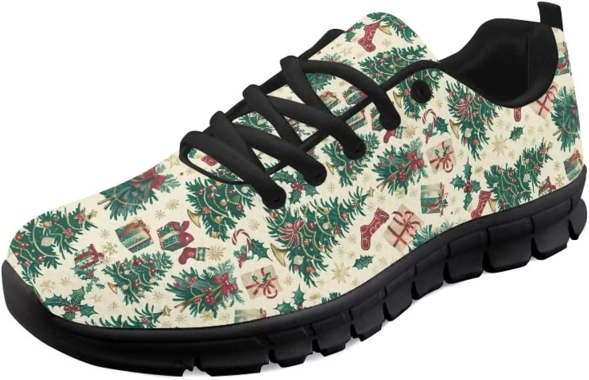 Christmas Sneakers for Women Cozy Lace Up Low-Top Anti-Slip Sport Workout Running Sneakers for Ladies Flat Outdoor Hiking Shoes for Teen Girls US 5-12