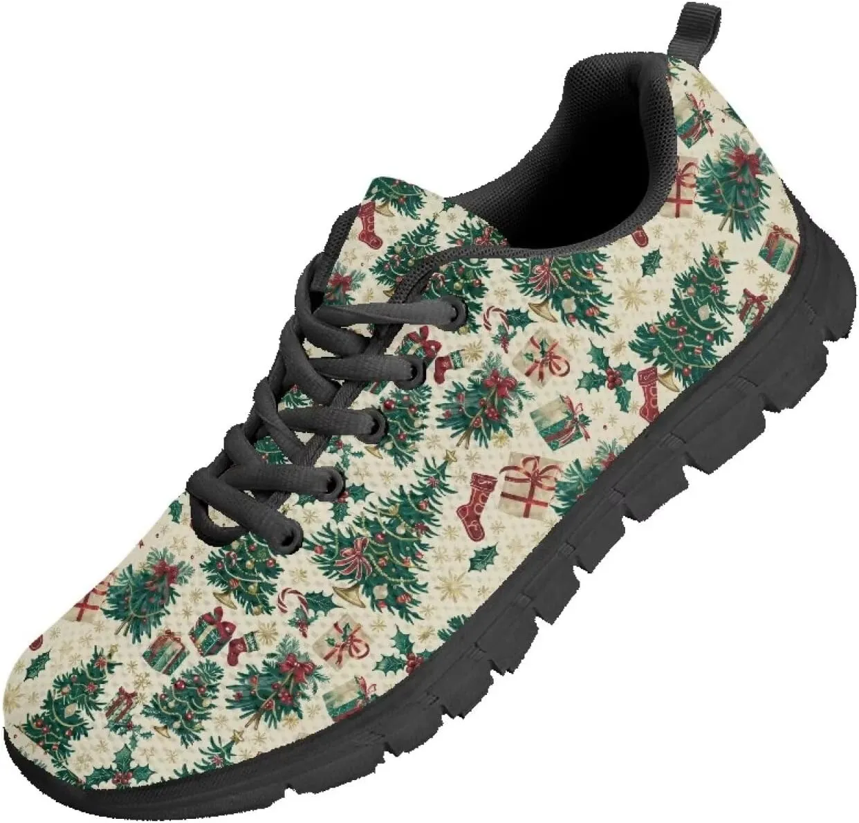 Christmas Sneakers for Women Cozy Lace Up Low-Top Anti-Slip Sport Workout Running Sneakers for Ladies Flat Outdoor Hiking Shoes for Teen Girls US 5-12