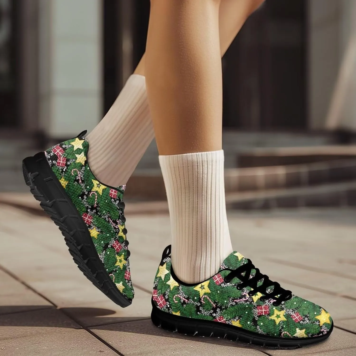 Christmas Sneakers for Women Cozy Lace Up Low-Top Anti-Slip Sport Workout Running Sneakers for Ladies Flat Outdoor Hiking Shoes for Teen Girls US 5-12