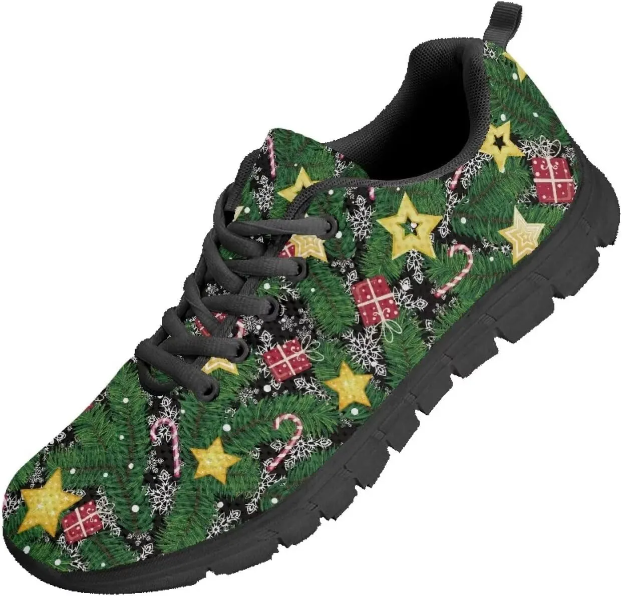 Christmas Sneakers for Women Cozy Lace Up Low-Top Anti-Slip Sport Workout Running Sneakers for Ladies Flat Outdoor Hiking Shoes for Teen Girls US 5-12