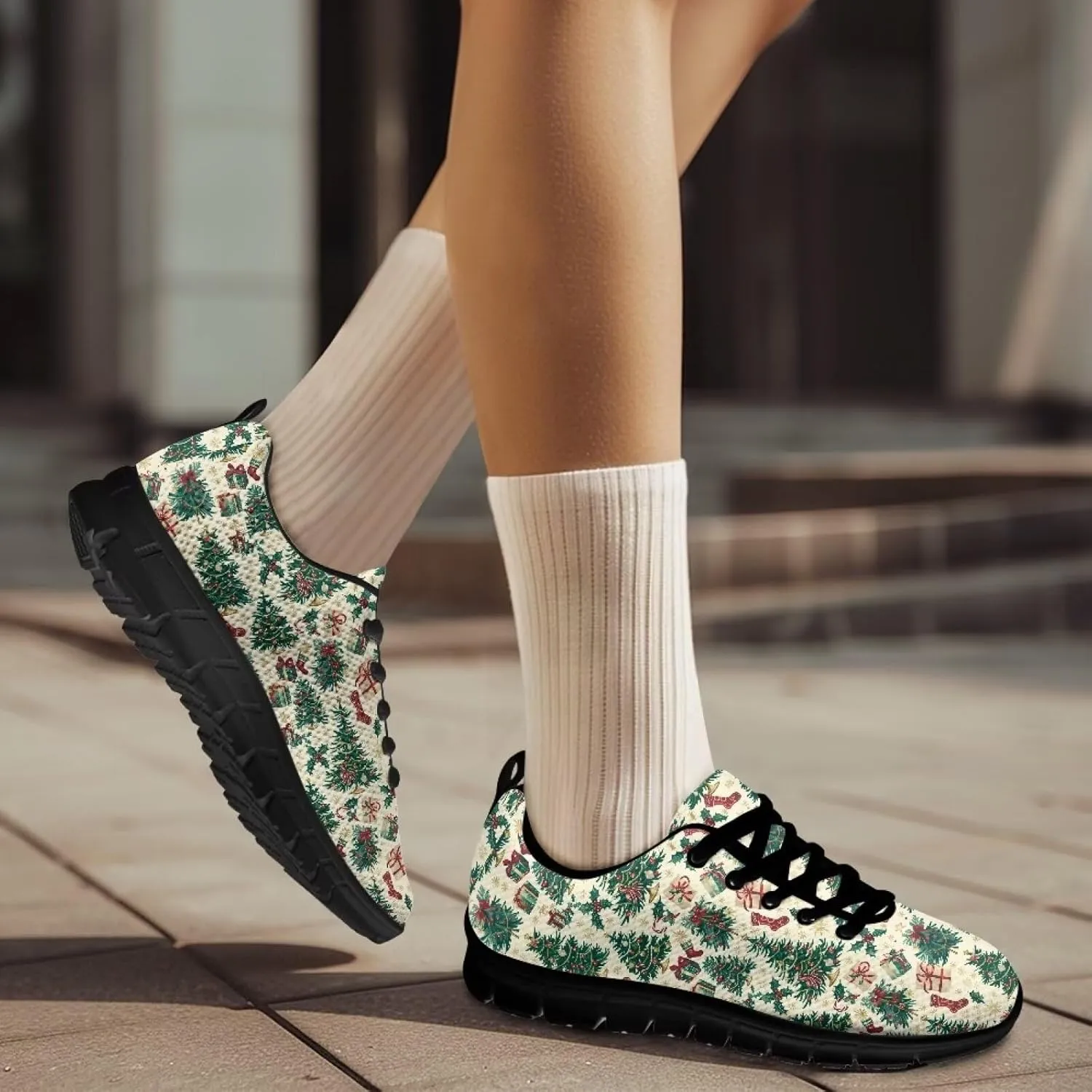 Christmas Sneakers for Women Cozy Lace Up Low-Top Anti-Slip Sport Workout Running Sneakers for Ladies Flat Outdoor Hiking Shoes for Teen Girls US 5-12