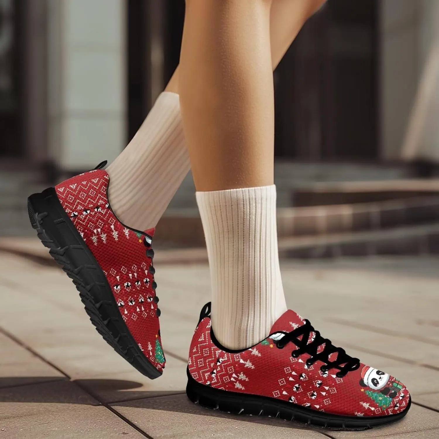 Christmas Sneakers for Women Cozy Lace Up Low-Top Anti-Slip Sport Workout Running Sneakers for Ladies Flat Outdoor Hiking Shoes for Teen Girls US 5-12