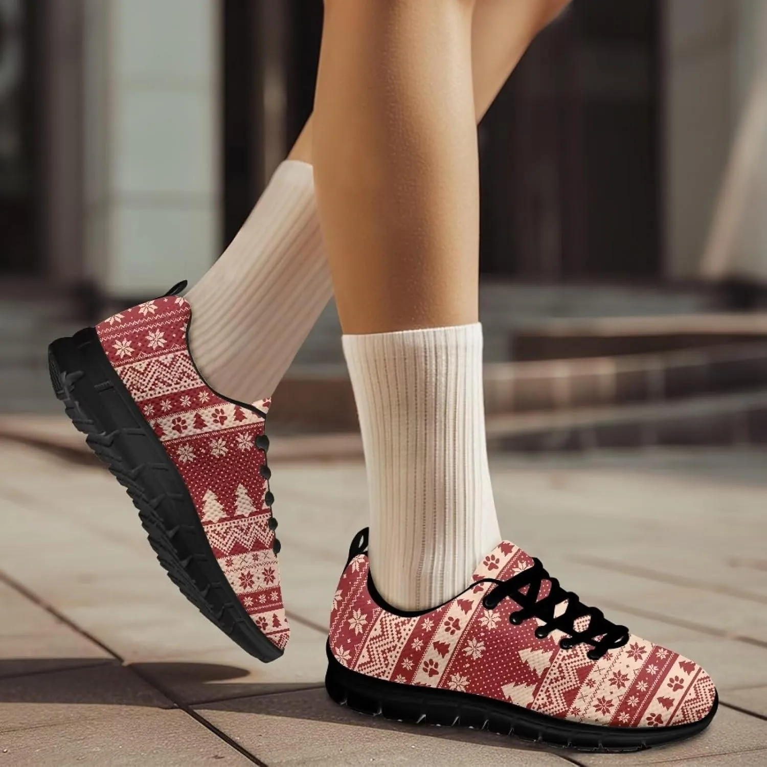 Christmas Sneakers for Women Flat Cozy Lace Up Low-Top Anti-Slip Workout Running Sneakers for Ladies Outdoor Exercise Hiking Shoes for Teen Girls US 5-12