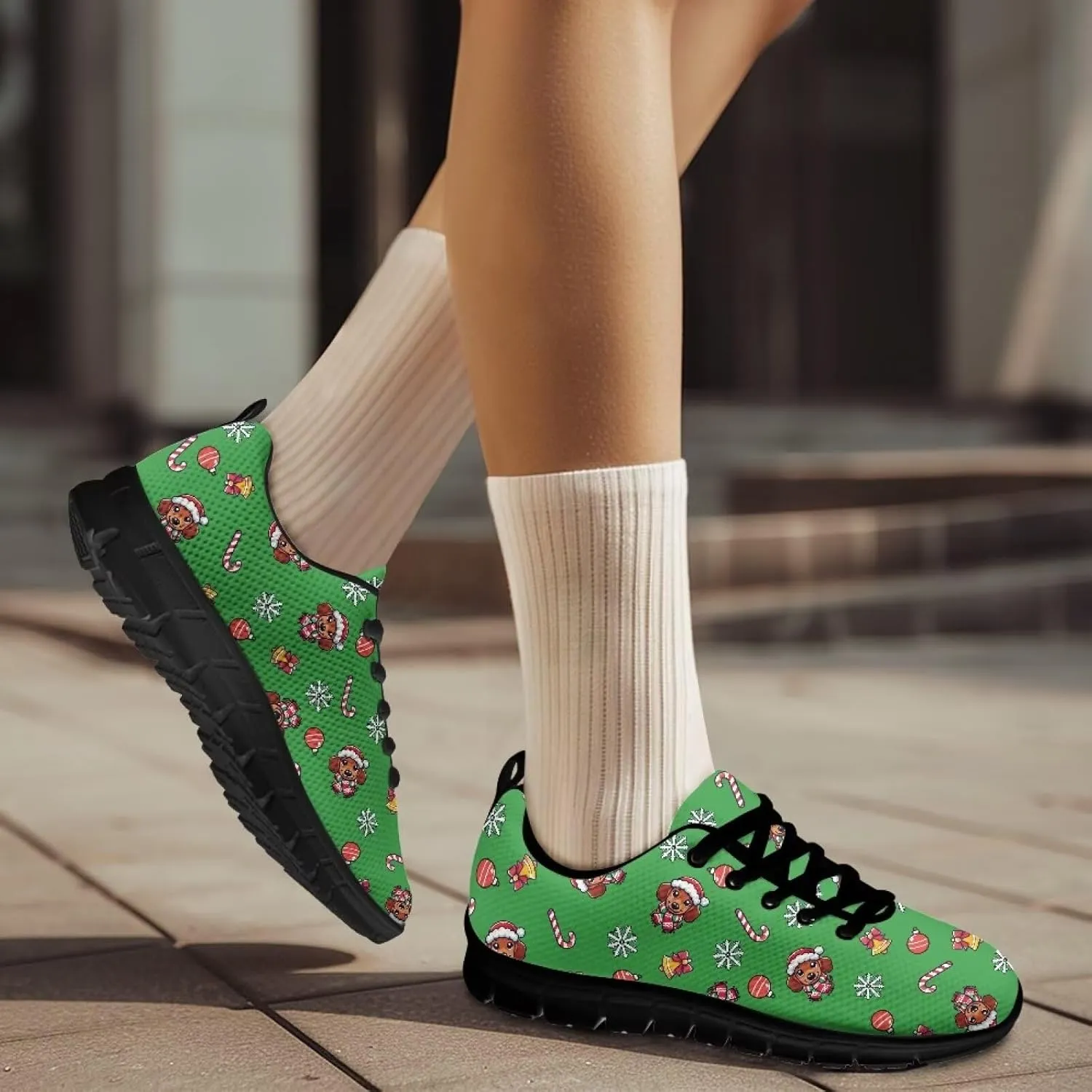 Christmas Sneakers for Women Flat Cozy Lace Up Low-Top Outdoor Gym Sneakers for Ladies Anti-Slip Workout Exercise Hiking Shoes for Teen Girls US 5-12