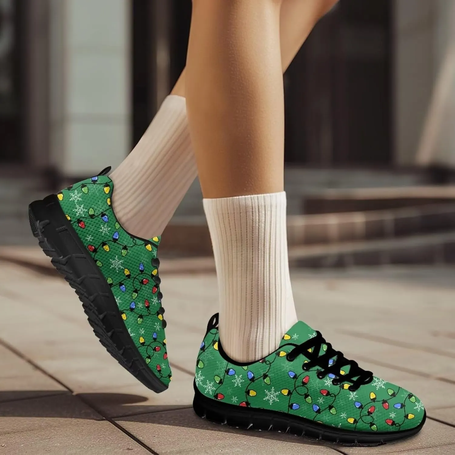 Christmas Sneakers for Women Flat Cozy Lace Up Low-Top Outdoor Gym Sneakers for Ladies Anti-Slip Workout Exercise Hiking Shoes for Teen Girls US 5-12