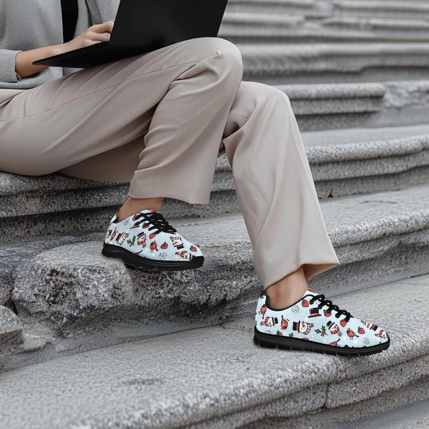 Christmas Sneakers for Women Flat Cozy Lace Up Low-Top Outdoor Gym Sneakers for Ladies Anti-Slip Workout Exercise Hiking Shoes for Teen Girls US 5-12