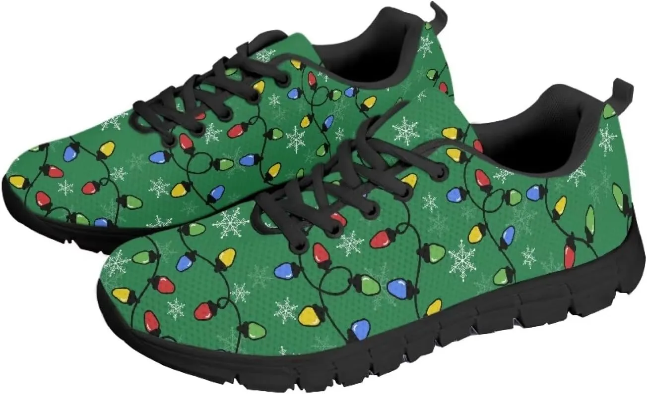 Christmas Sneakers for Women Flat Cozy Lace Up Low-Top Outdoor Gym Sneakers for Ladies Anti-Slip Workout Exercise Hiking Shoes for Teen Girls US 5-12