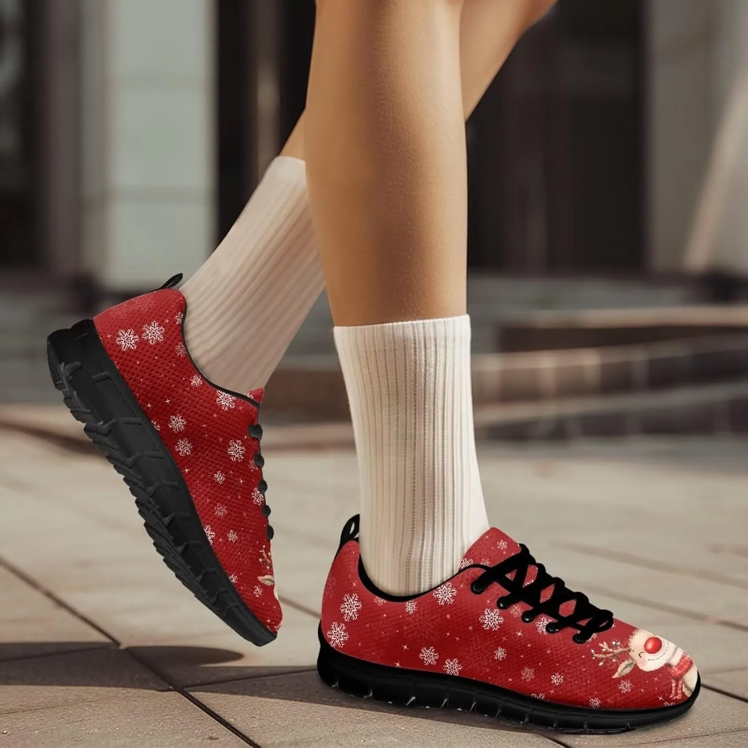 Christmas Sneakers for Women Flat Soft Low-Top Outdoor Running Sneakers for Ladies Lace-Up Non-Slip Workout Hiking Shoes for Teen Girls US 5-12
