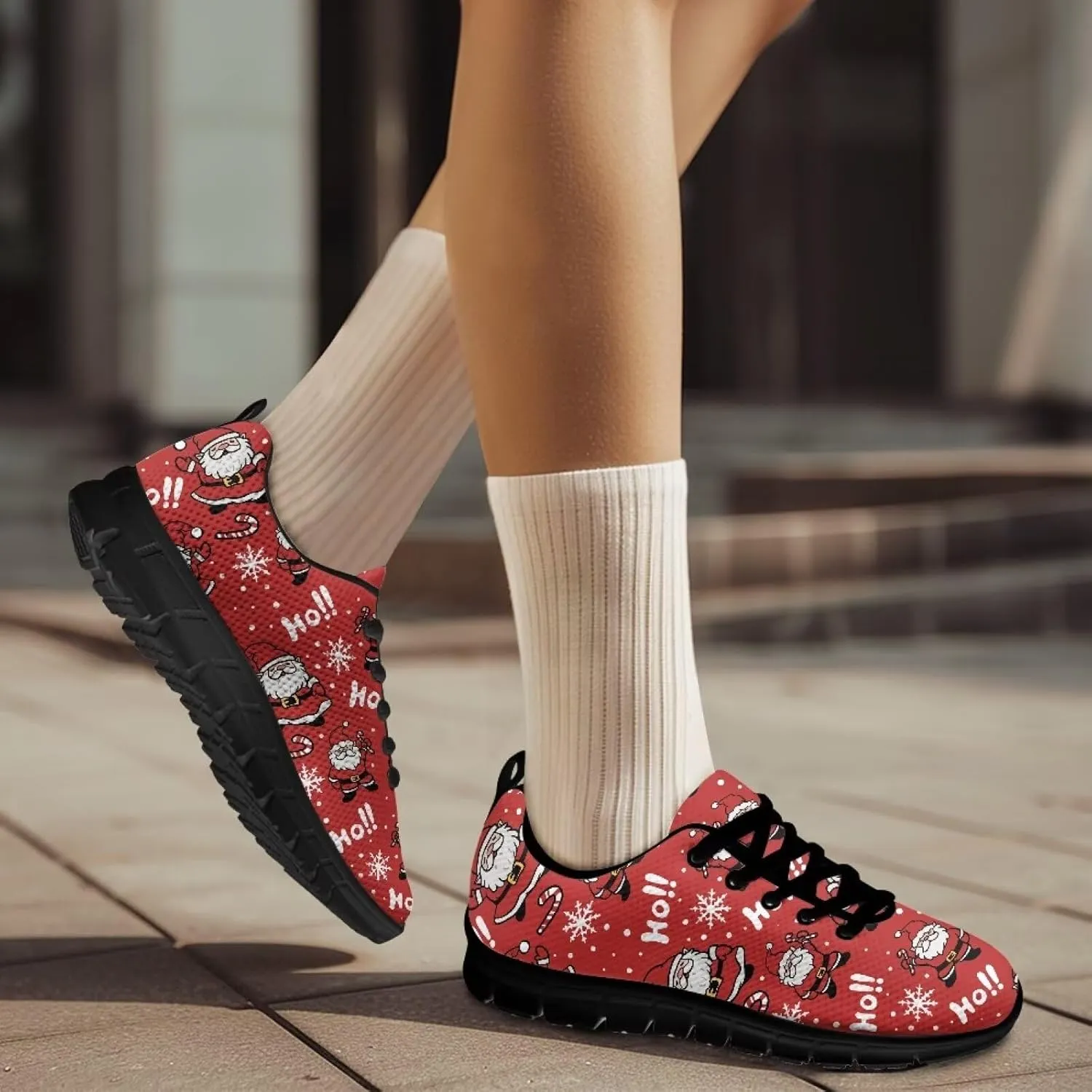 Christmas Sneakers for Women Low-Top Lace-Up Running Sneakers for Ladies Soft Non-Slip Outdoor Workout Hiking Shoes for Teen Girls US 5-12