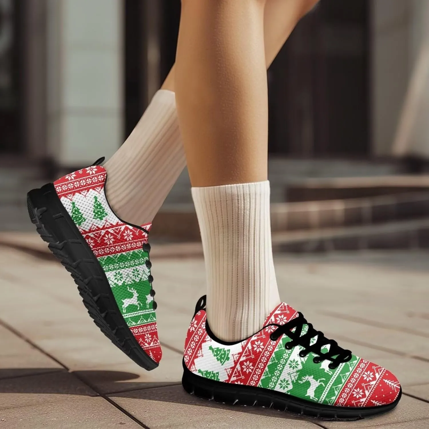 Christmas Sneakers for Women Low-Top Lace-Up Running Sneakers for Ladies Soft Non-Slip Outdoor Workout Hiking Shoes for Teen Girls US 5-12