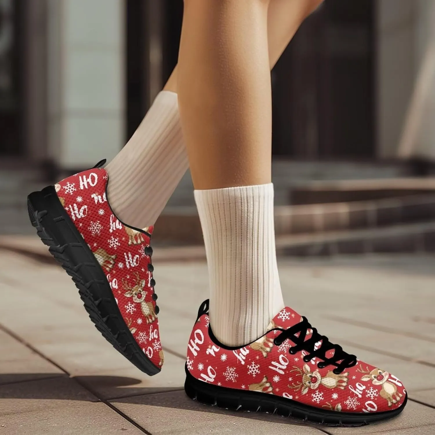 Christmas Sneakers for Women Low-Top Lace-Up Running Sneakers for Ladies Soft Non-Slip Outdoor Workout Hiking Shoes for Teen Girls US 5-12