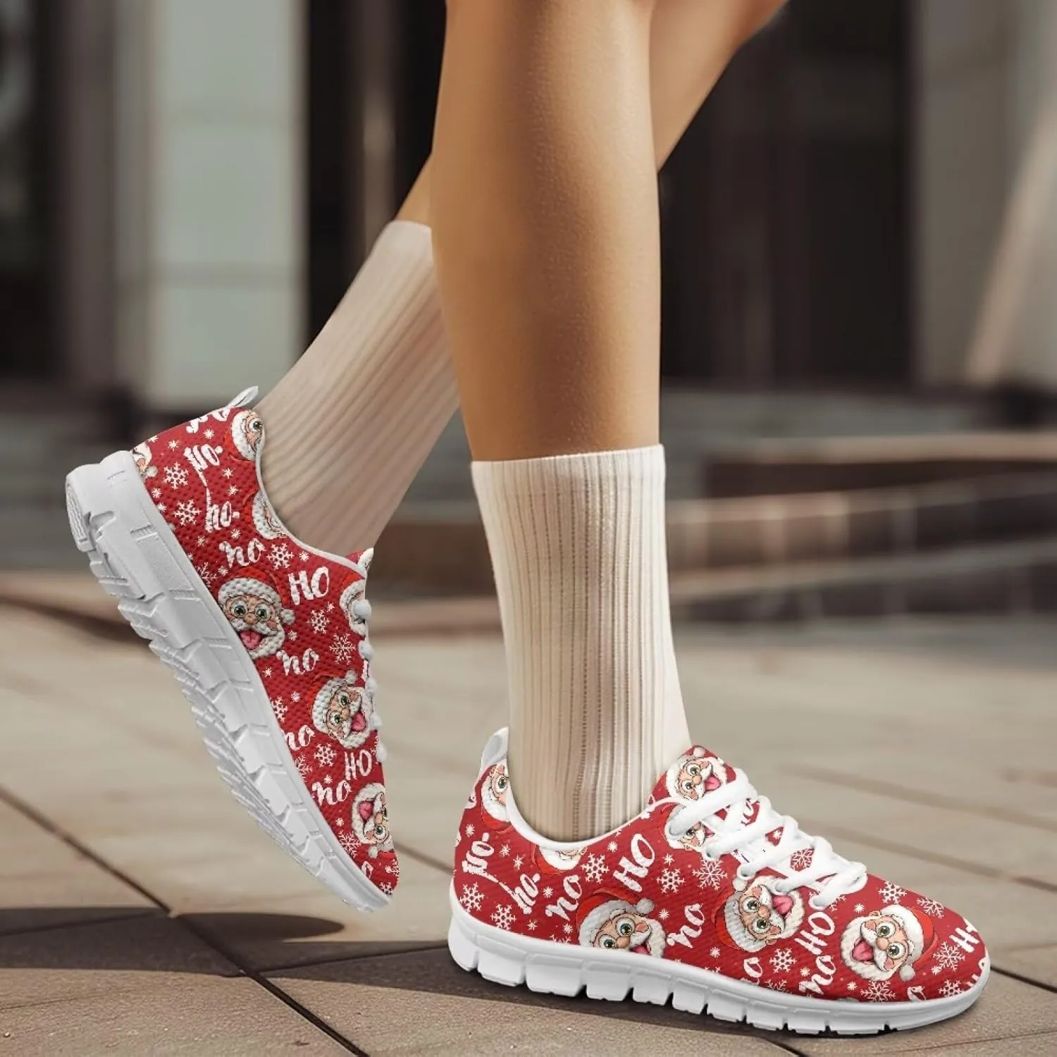Christmas Women's Sneakers Cozy Lightweight Non-Slip Workout Walking Sneakers for Womens Flat Lace-Up Outdoor Tennis Shoes for Ladies Black US 5-12