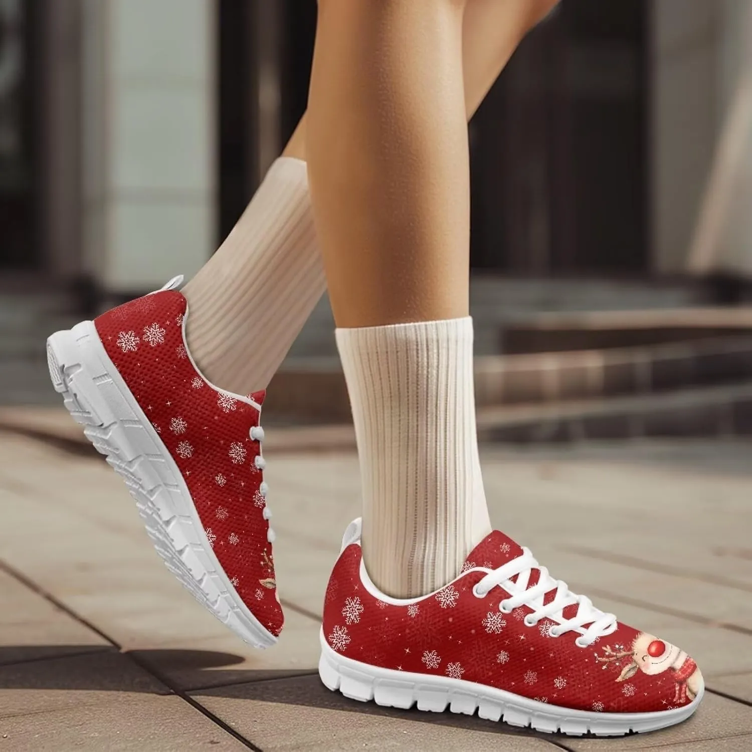 Christmas Women's Sneakers Cozy Lightweight Non-Slip Workout Walking Sneakers for Womens Flat Lace-Up Outdoor Tennis Shoes for Ladies Black US 5-12
