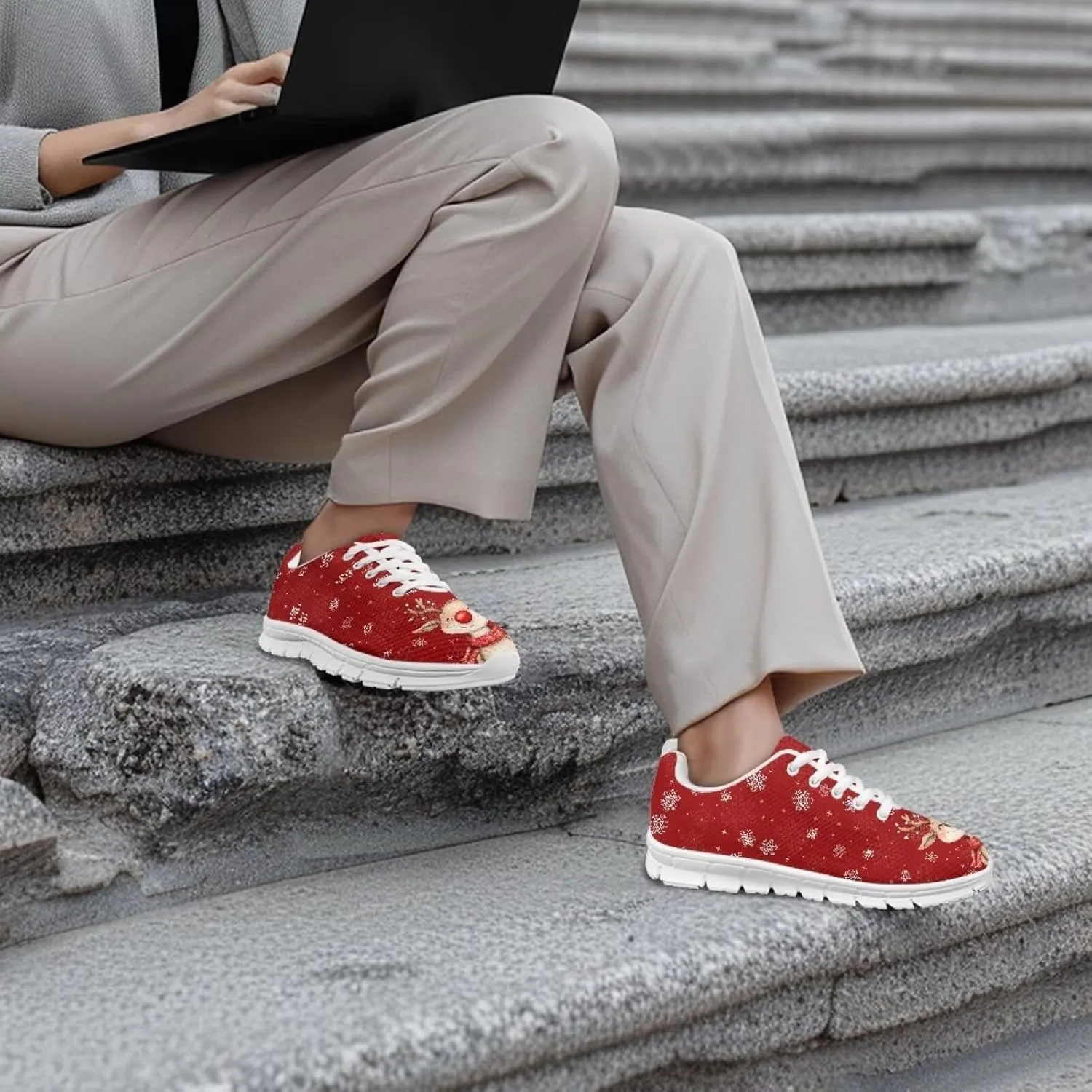 Christmas Women's Sneakers Cozy Lightweight Non-Slip Workout Walking Sneakers for Womens Flat Lace-Up Outdoor Tennis Shoes for Ladies Black US 5-12