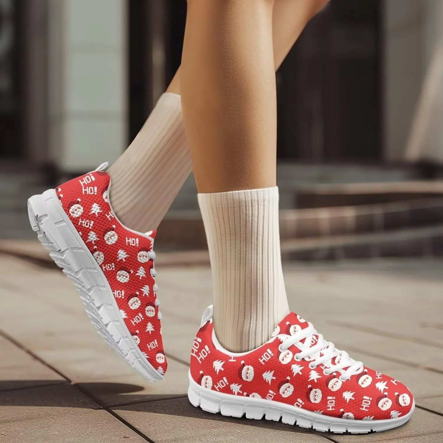 Christmas Women's Sneakers Cozy Lightweight Non-Slip Workout Walking Sneakers for Womens Flat Lace-Up Outdoor Tennis Shoes for Ladies Black US 5-12