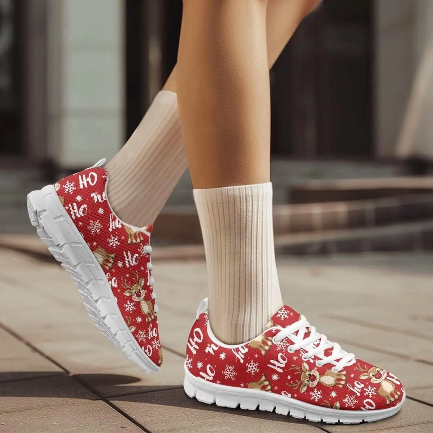 Christmas Women's Sneakers Lightweight Non-Slip Outdoor Walking Sneakers for Womens Cozy Flat Breathable Mesh Lace-Up Workout Tennis Shoes for Ladies Black US 5-12