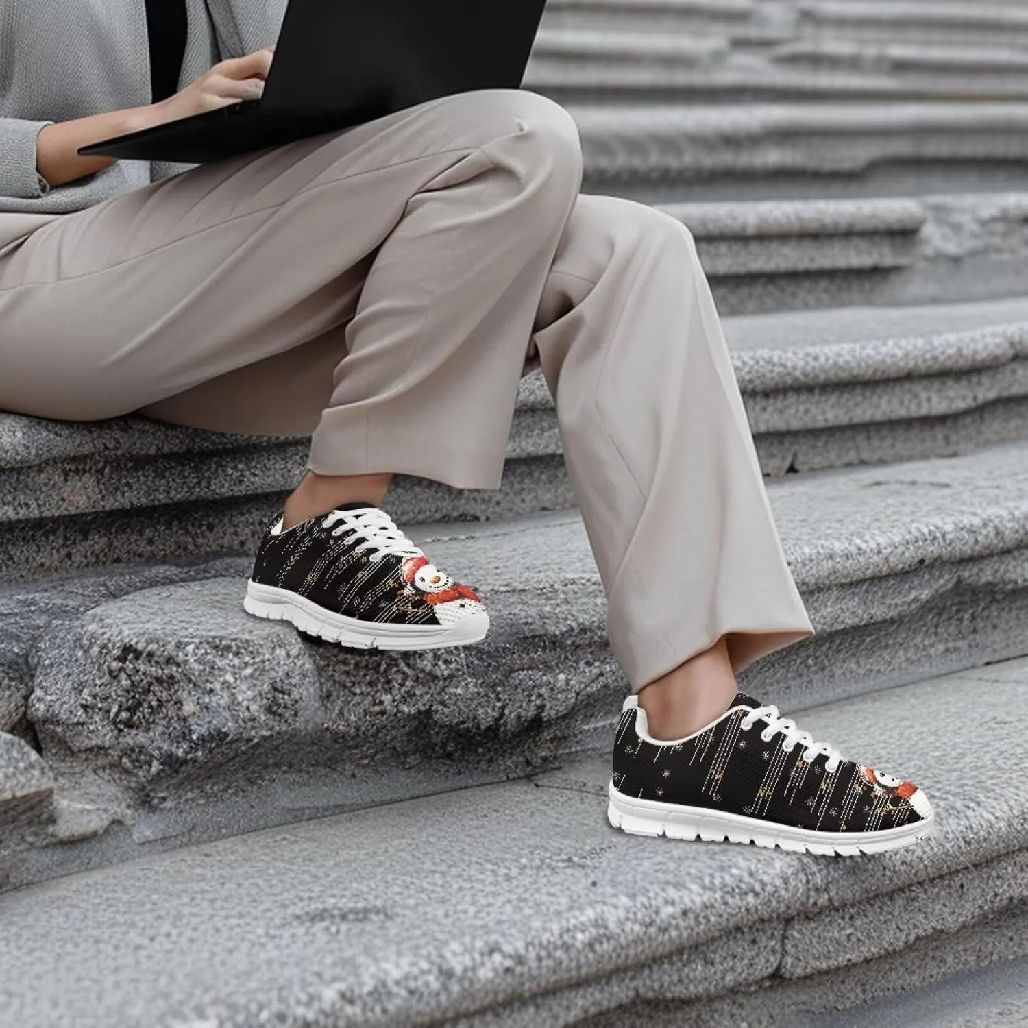 Christmas Women's Sneakers Lightweight Non-Slip Outdoor Walking Sneakers for Womens Cozy Flat Breathable Mesh Lace-Up Workout Tennis Shoes for Ladies Black US 5-12