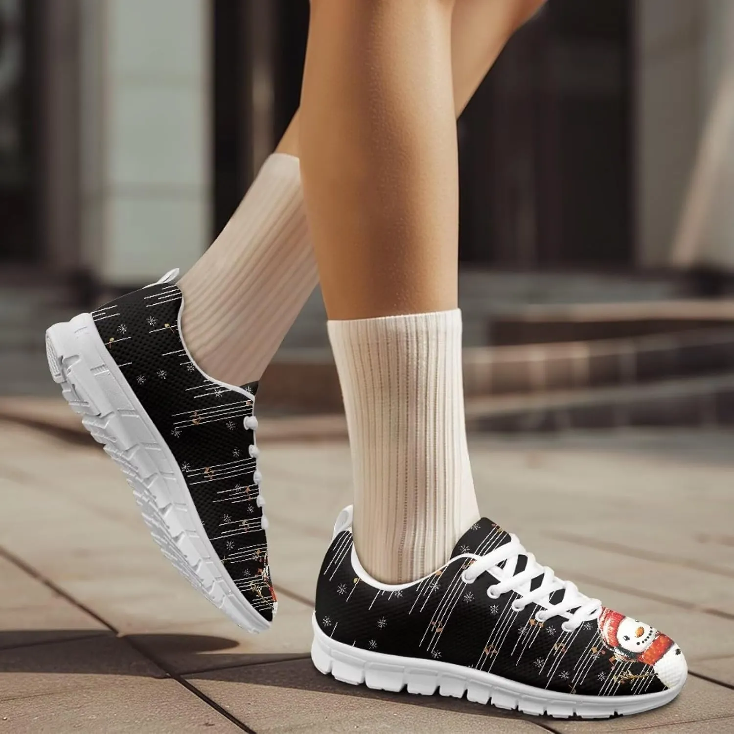Christmas Women's Sneakers Lightweight Non-Slip Outdoor Walking Sneakers for Womens Cozy Flat Breathable Mesh Lace-Up Workout Tennis Shoes for Ladies Black US 5-12