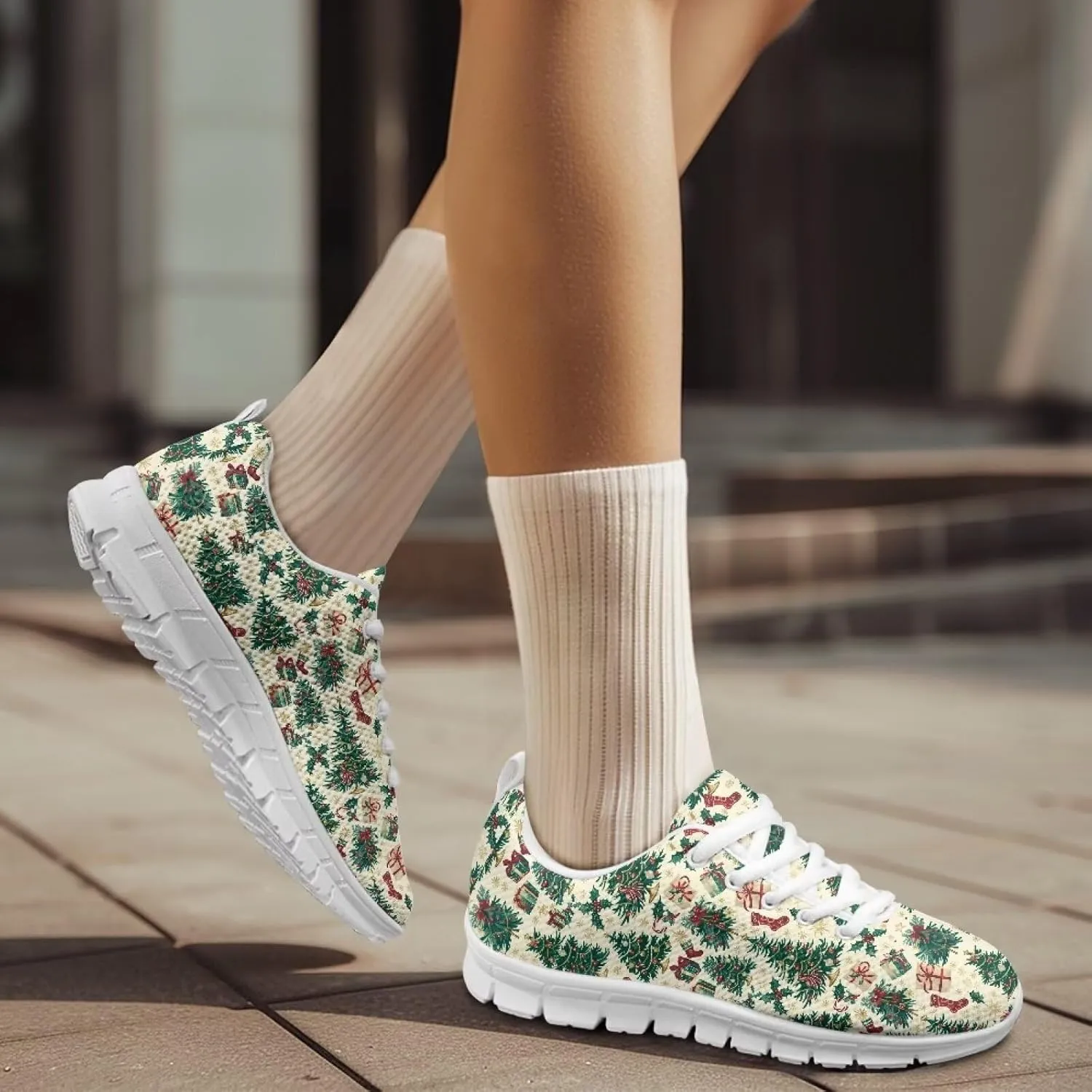 Christmas Women's Sneakers Soft Lace-Up Workout Tennis Sneakers for Womens Low-Top Anti-Skid Lightweight Outdoor Exercise Walking Shoes for Ladies US 5-12