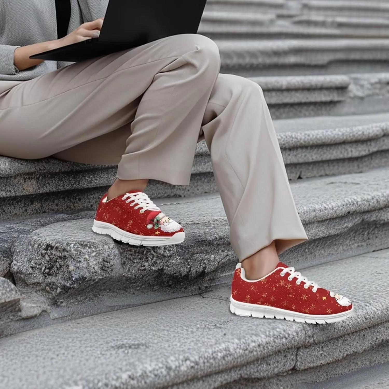 Christmas Women's Sneakers Soft Lace-Up Workout Tennis Sneakers for Womens Low-Top Anti-Skid Lightweight Outdoor Exercise Walking Shoes for Ladies US 5-12