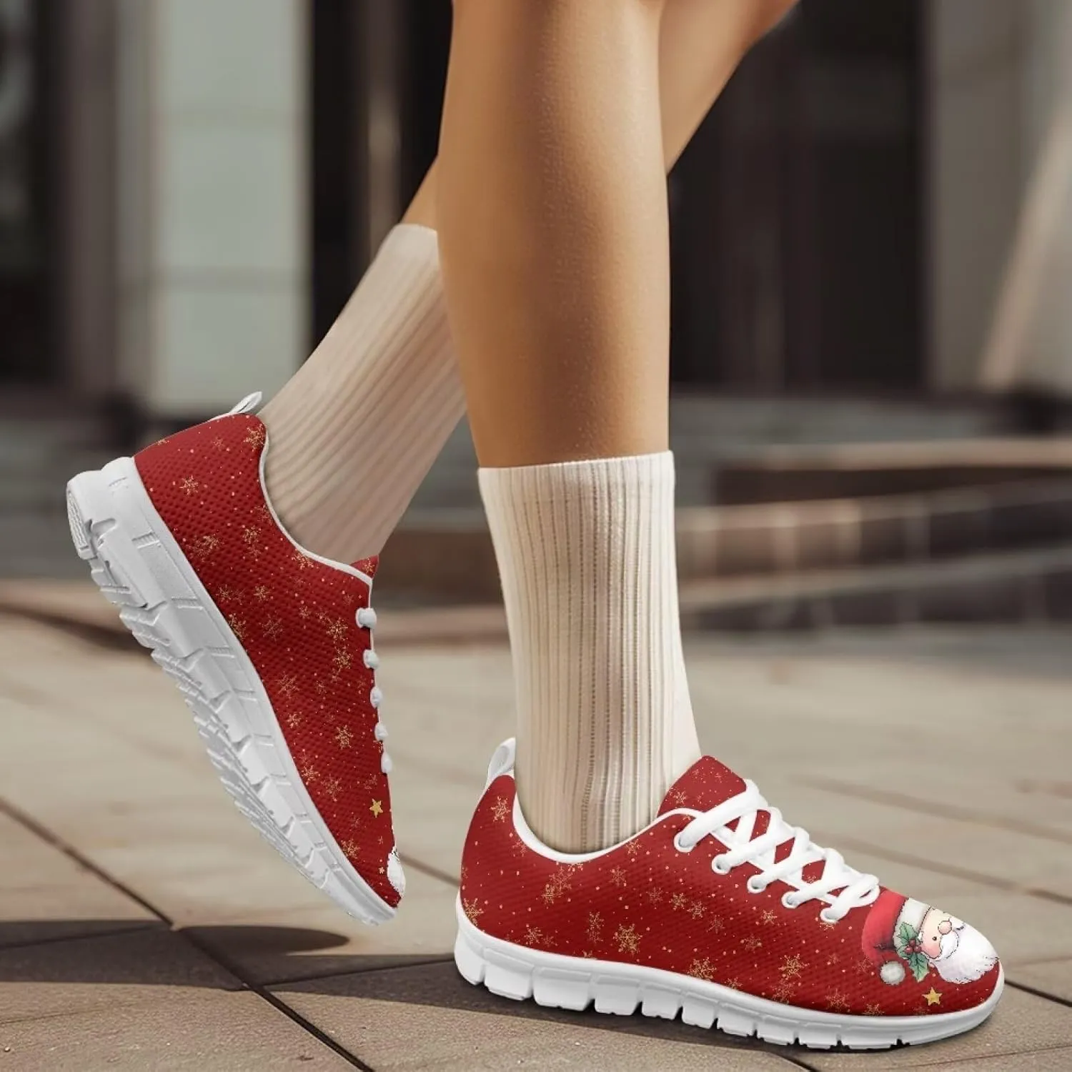 Christmas Women's Sneakers Soft Lace-Up Workout Tennis Sneakers for Womens Low-Top Anti-Skid Lightweight Outdoor Exercise Walking Shoes for Ladies US 5-12