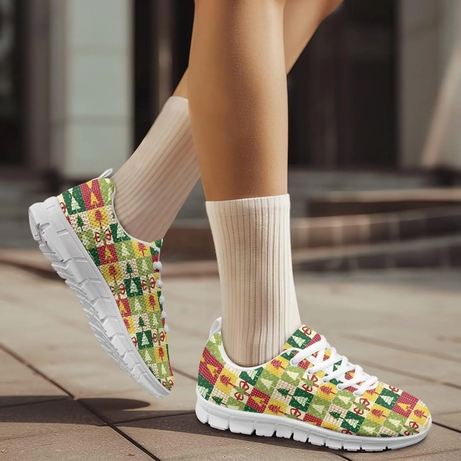 Christmas Women's Sneakers Soft Lightweight Anti-Skid Workout Tennis Sneakers for Womens Low-Top Lace-Up Outdoor Exercise Walking Shoes for Ladies US 5-12