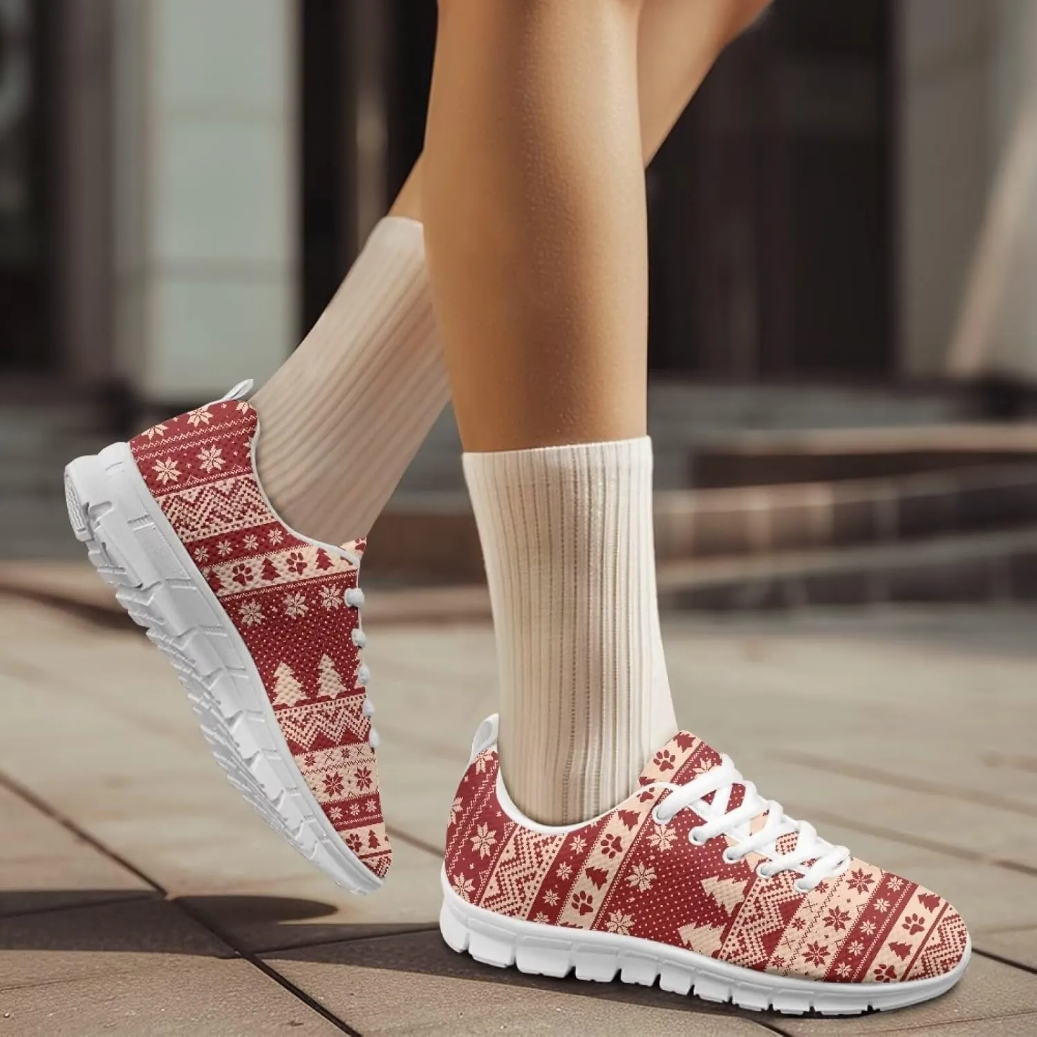 Christmas Women's Sneakers Soft Lightweight Anti-Skid Workout Tennis Sneakers for Womens Low-Top Lace-Up Outdoor Exercise Walking Shoes for Ladies US 5-12