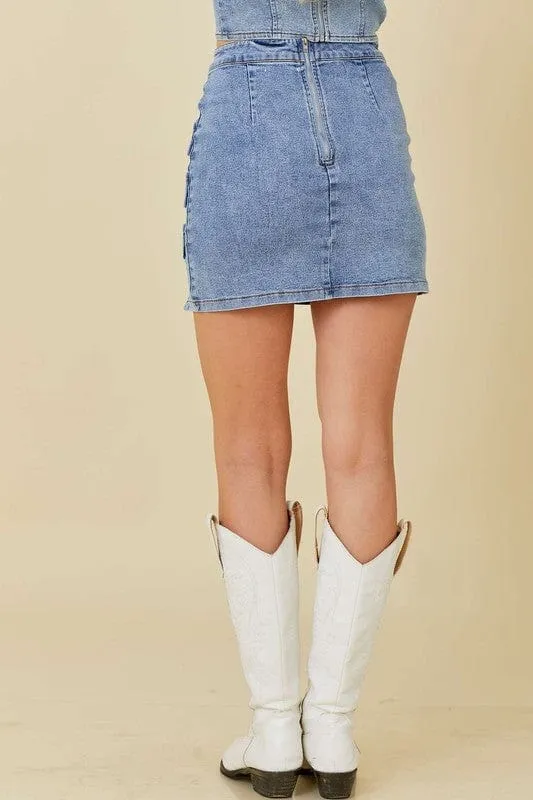 Denim Mini Skirt With Slit and Ribbon Bow