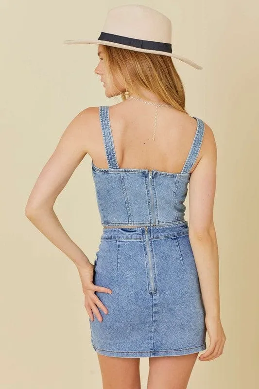 Denim Mini Skirt With Slit and Ribbon Bow