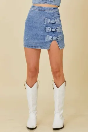 Denim Mini Skirt With Slit and Ribbon Bow