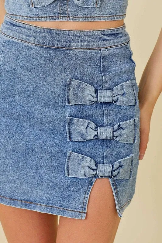 Denim Mini Skirt With Slit and Ribbon Bow
