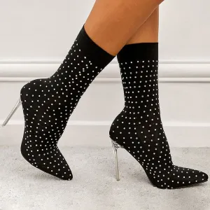 Fashion Pointed Toe Oversized Rhinestone Crystal Transparent Heel Stretch Sock Boots