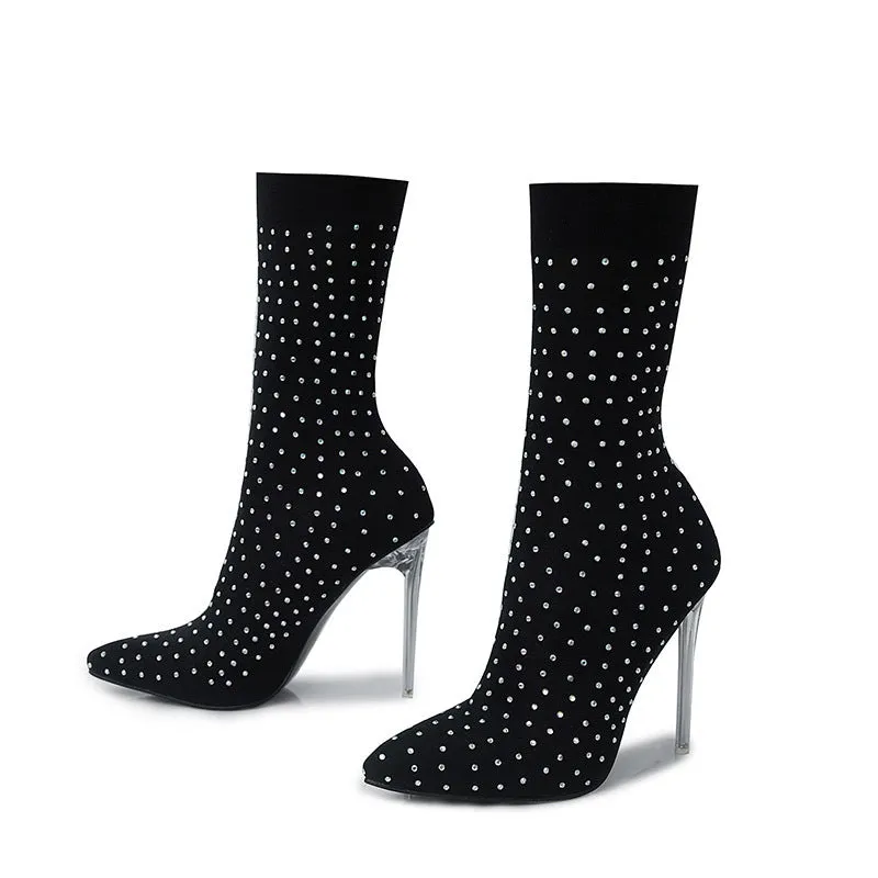 Fashion Pointed Toe Oversized Rhinestone Crystal Transparent Heel Stretch Sock Boots