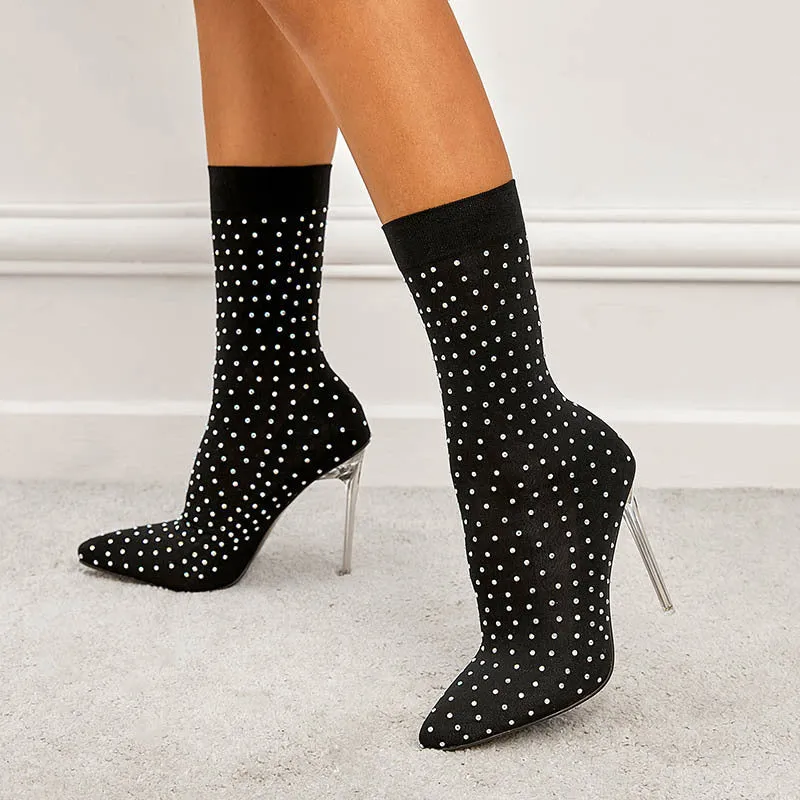 Fashion Pointed Toe Oversized Rhinestone Crystal Transparent Heel Stretch Sock Boots